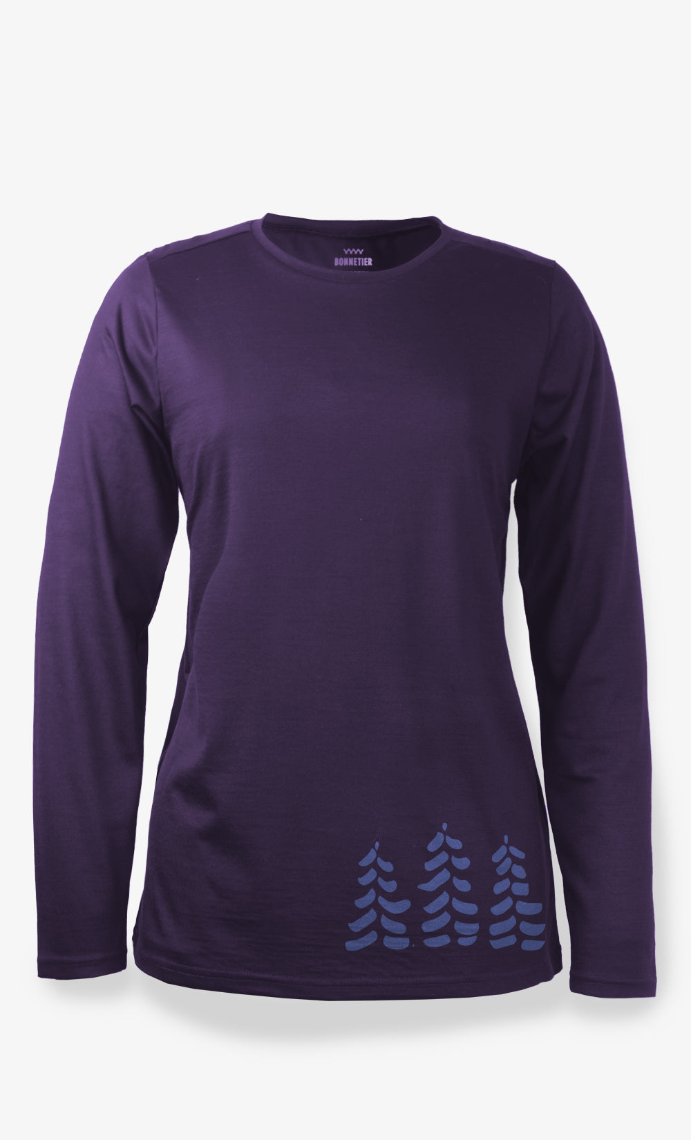 Chandail Explore StretchWool™ femme en laine mérinos violet avec imprimé Trois Sapins, manches longues, fabriqué au Canada par BONNETIER.