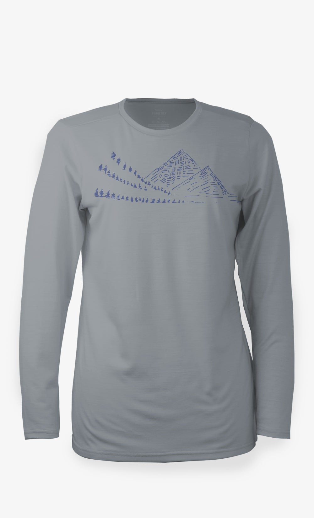 Chandail Explore StretchWool™ femme en laine mérinos gris avec imprimé Alpes, manches longues, fabriqué au Canada par BONNETIER