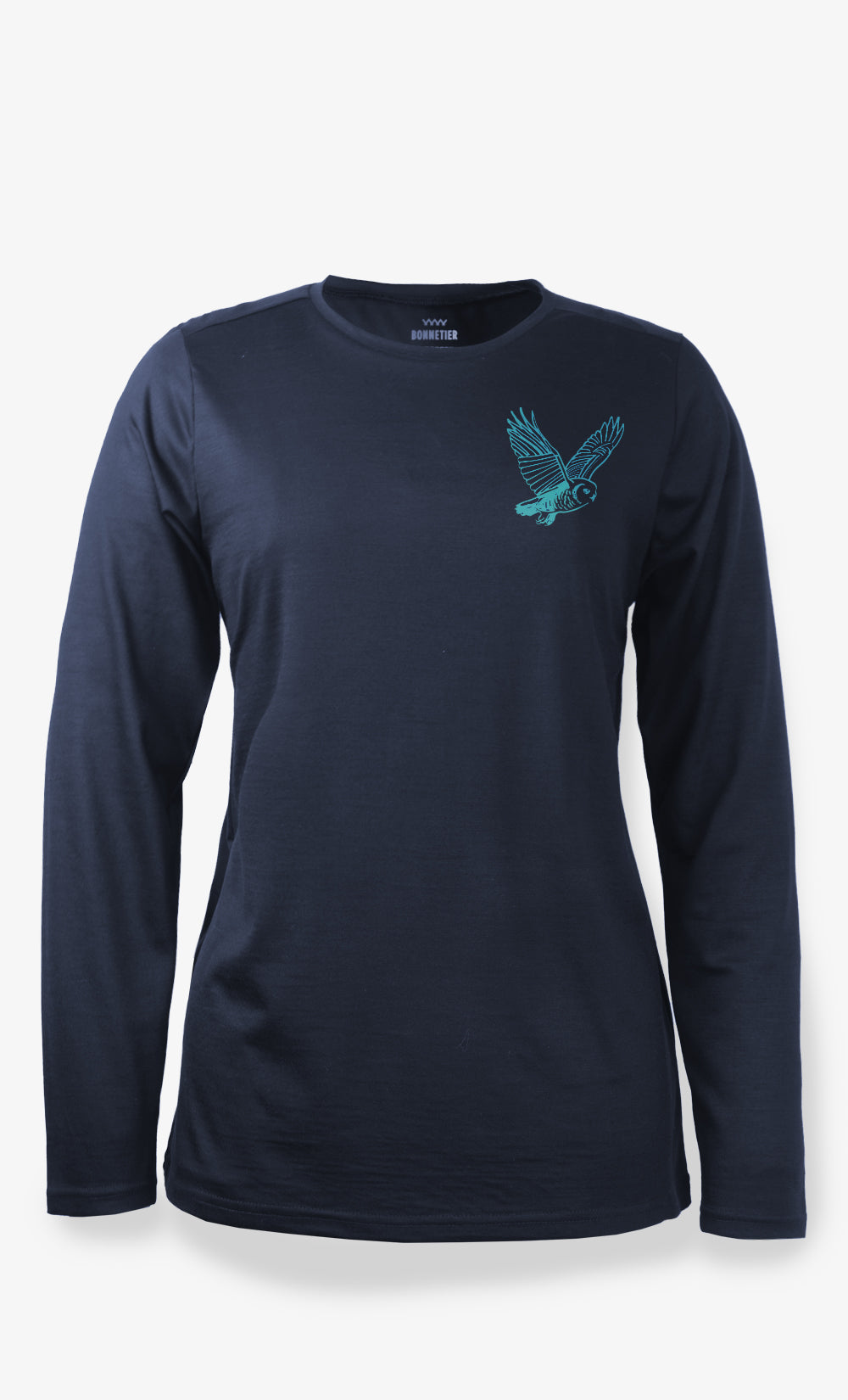 Manches Longues 96% Mérinos et 4% Strethwool couleur marine avec Imprimé Chouette turquoise, BONNETIER