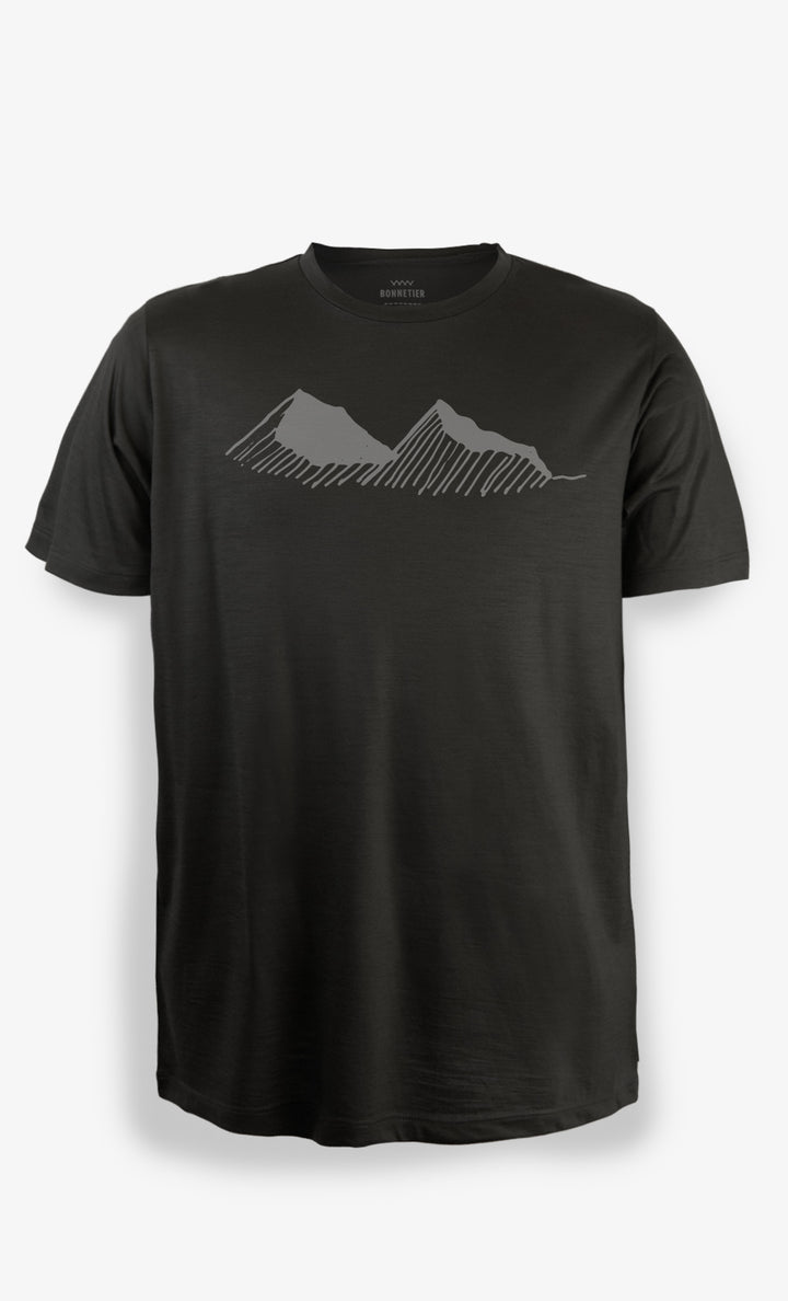 Men's Ultra Lightweight Black Merino T-Shirt - Mountain Sketch