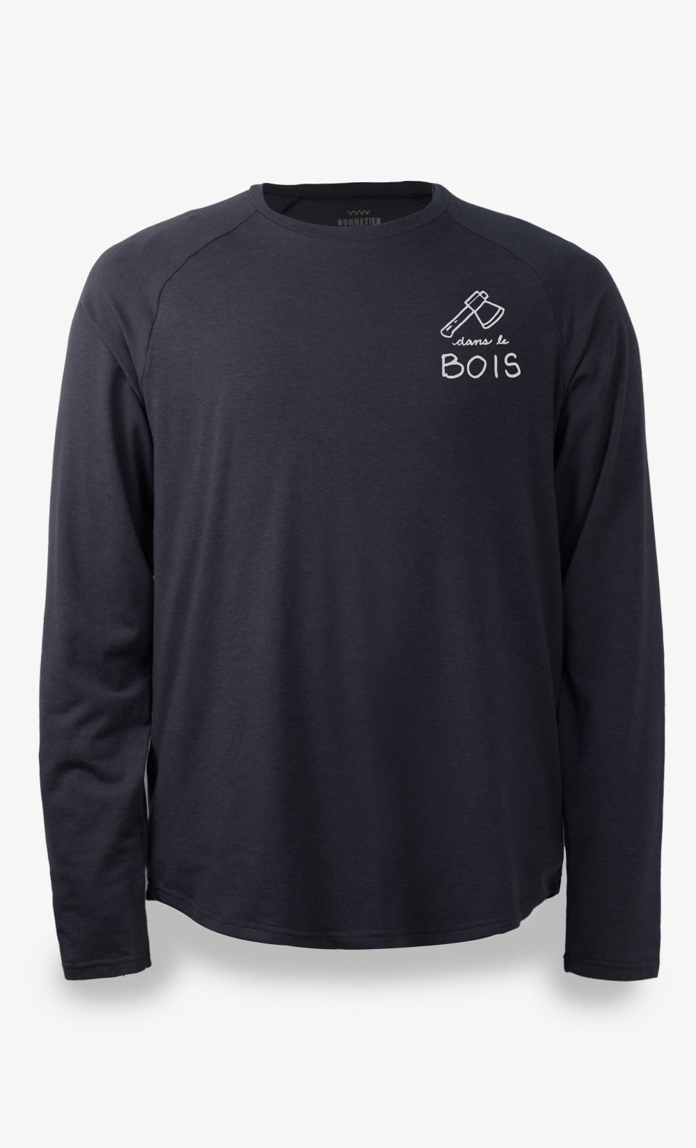 T-shirt noir pour homme à manches longues BONNETIER avec imprimé « Dans le bois » sur la poitrine.