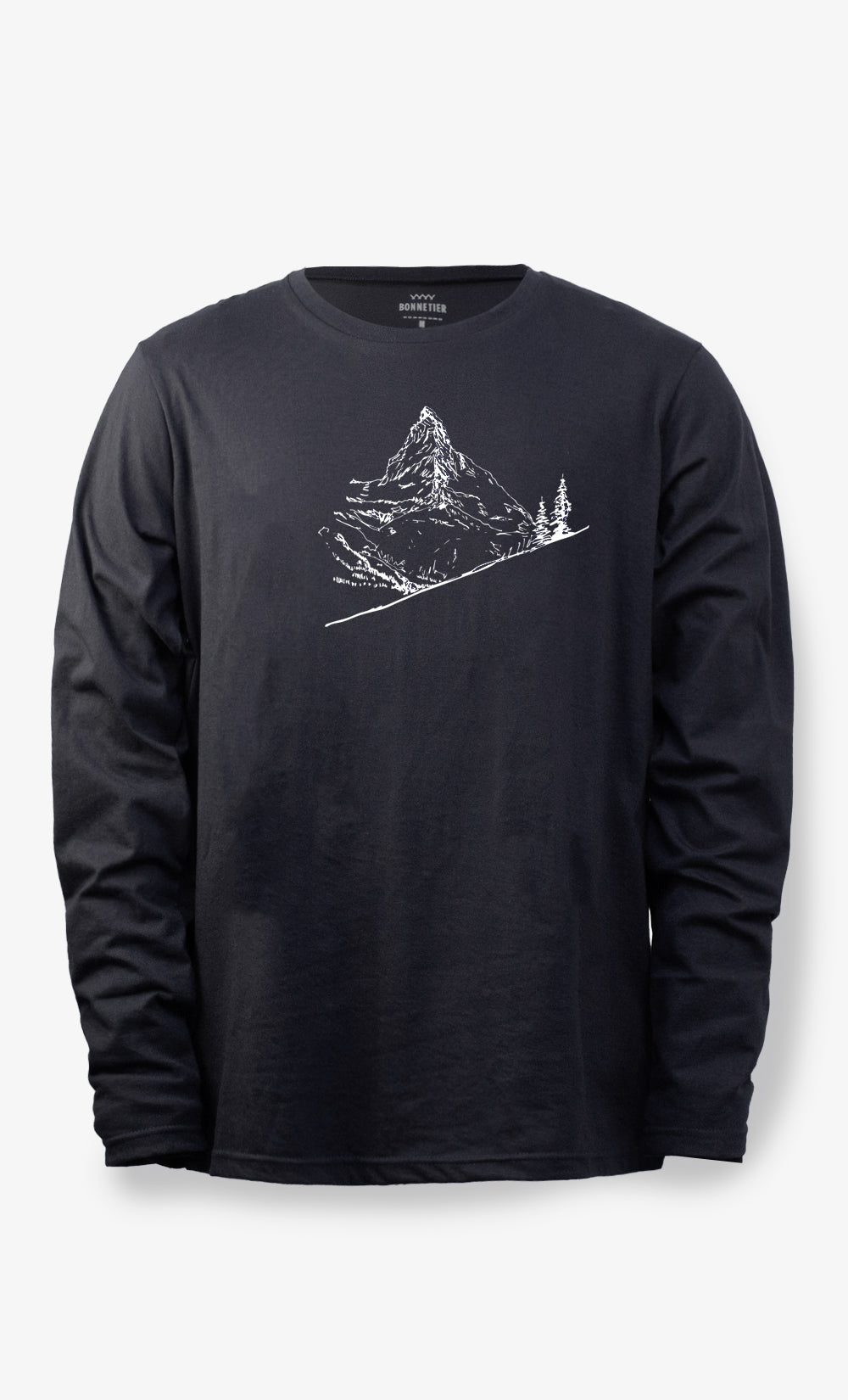 Manches longues Crew noir pour homme en coton biologique et polyester recyclé avec imprimé La Montagne, fabriqué au Canada par BONNETIER.