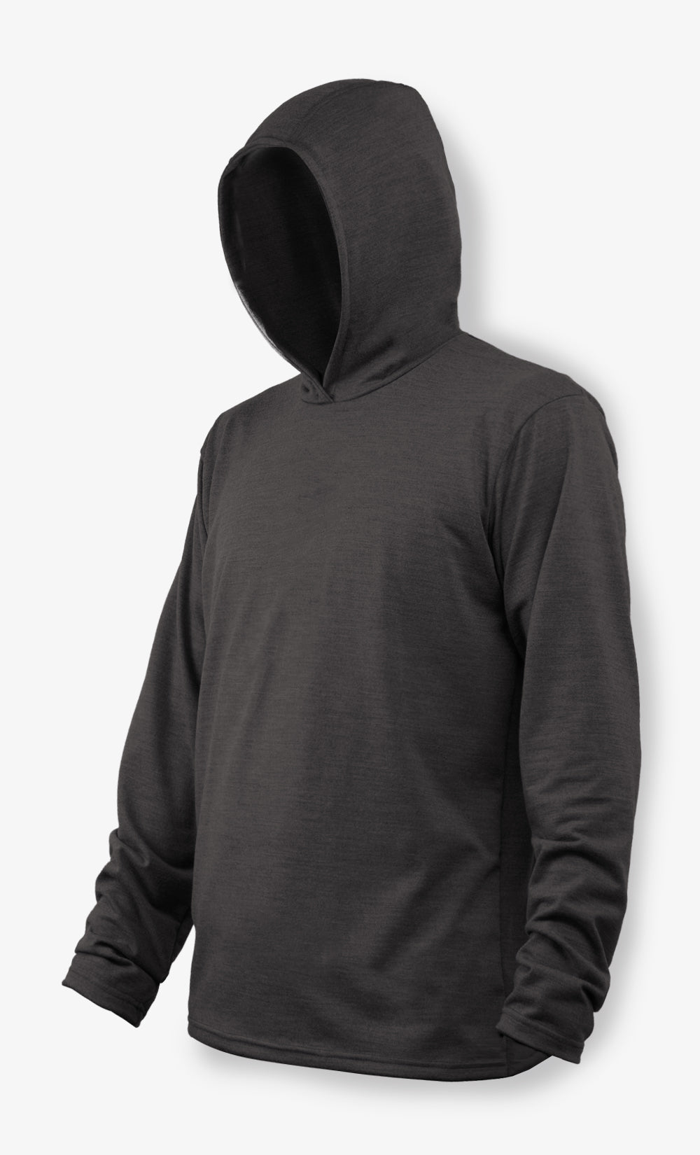 Capuchon en laine mérinos noir chiné pour homme BONNETIER avec capuche, manches longues et coupe régulière, fabriqué au Canada.