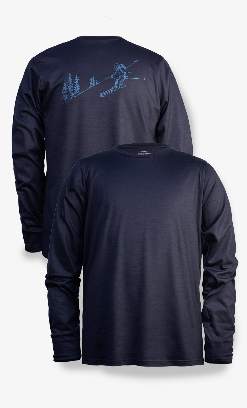 Chandail Trail StretchWool™ en laine mérinos marine pour homme avec imprimé Powder au dos, fabriqué au Canada.