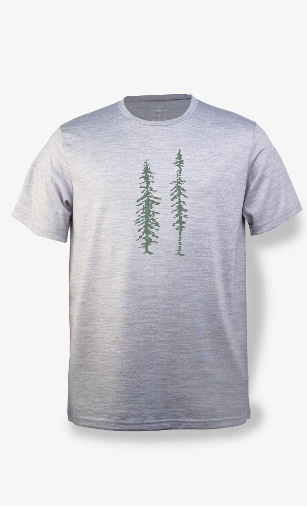 T-shirt en laine de mérinos gris athlétique BONNETIER avec imprimé Pixel Tree vert sur la poitrine, modèle ultra léger fabriqué au Canada.
