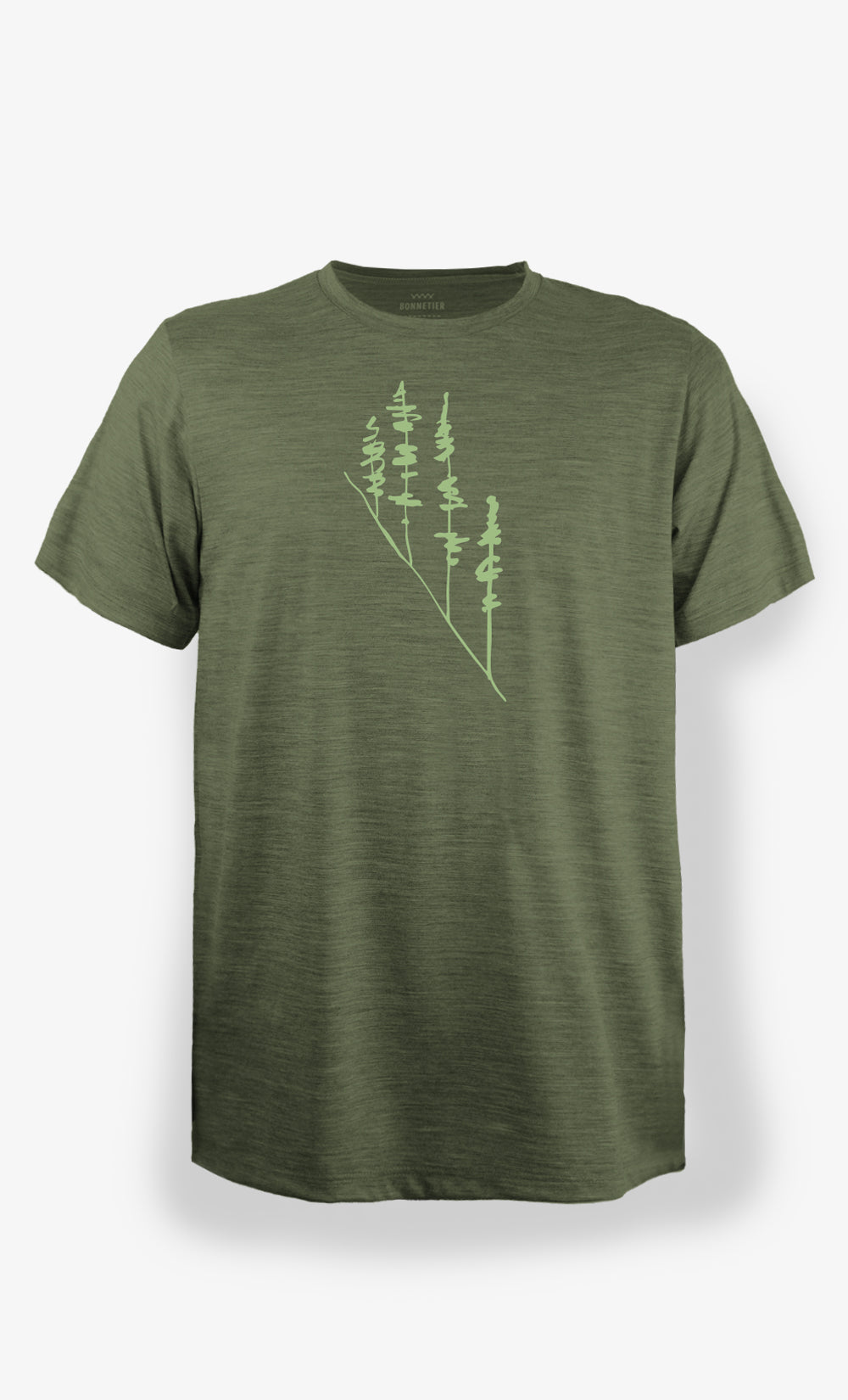 T-shirt en laine de mérinos ultra léger pour homme couleur sauge chiné avec imprimé Inclined Pines, fabriqué au Canada par Bonnetier.