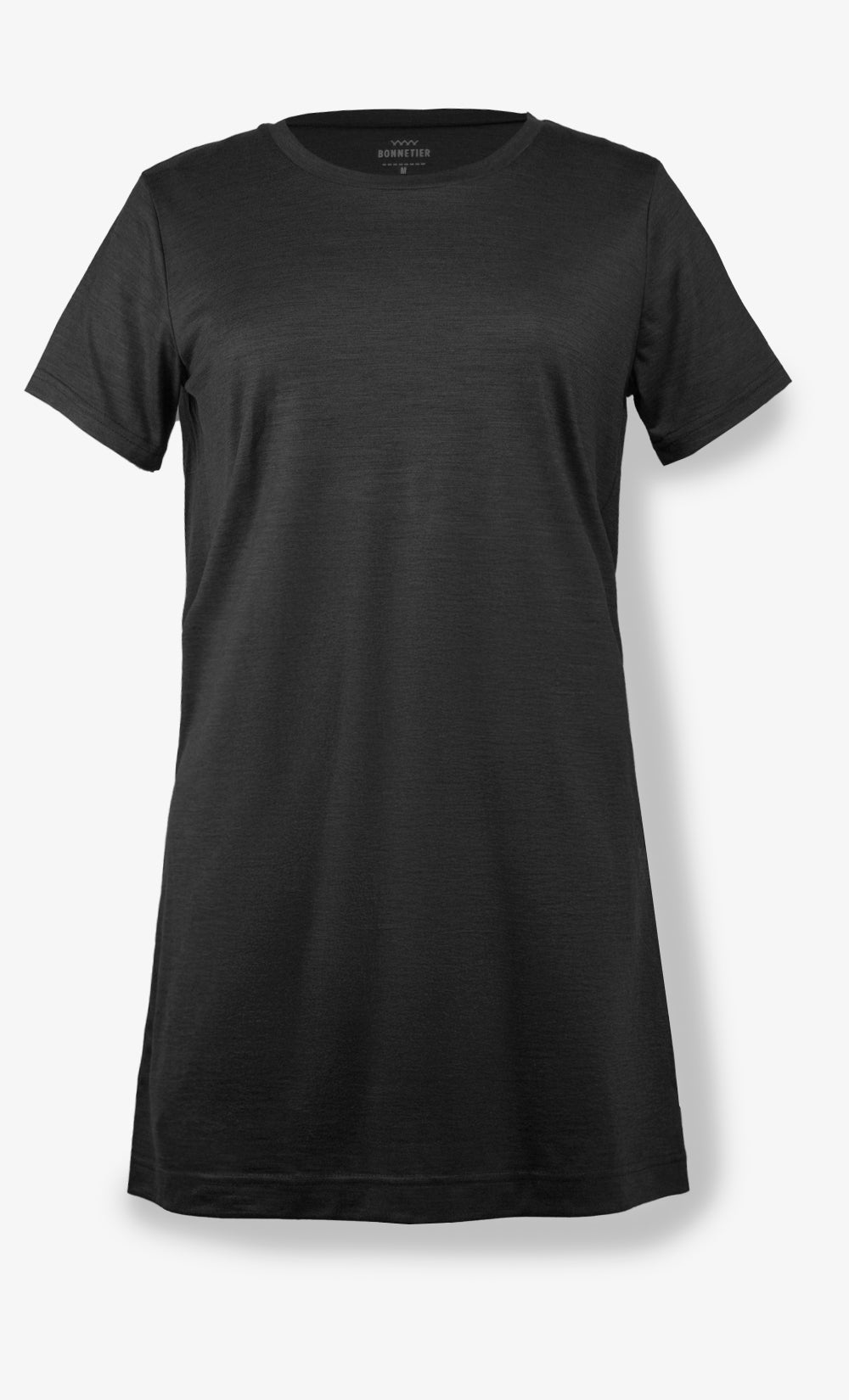 Robe noire pour femme en laine de mérinos ultra légère Bonnetier fabriquée au Canada.